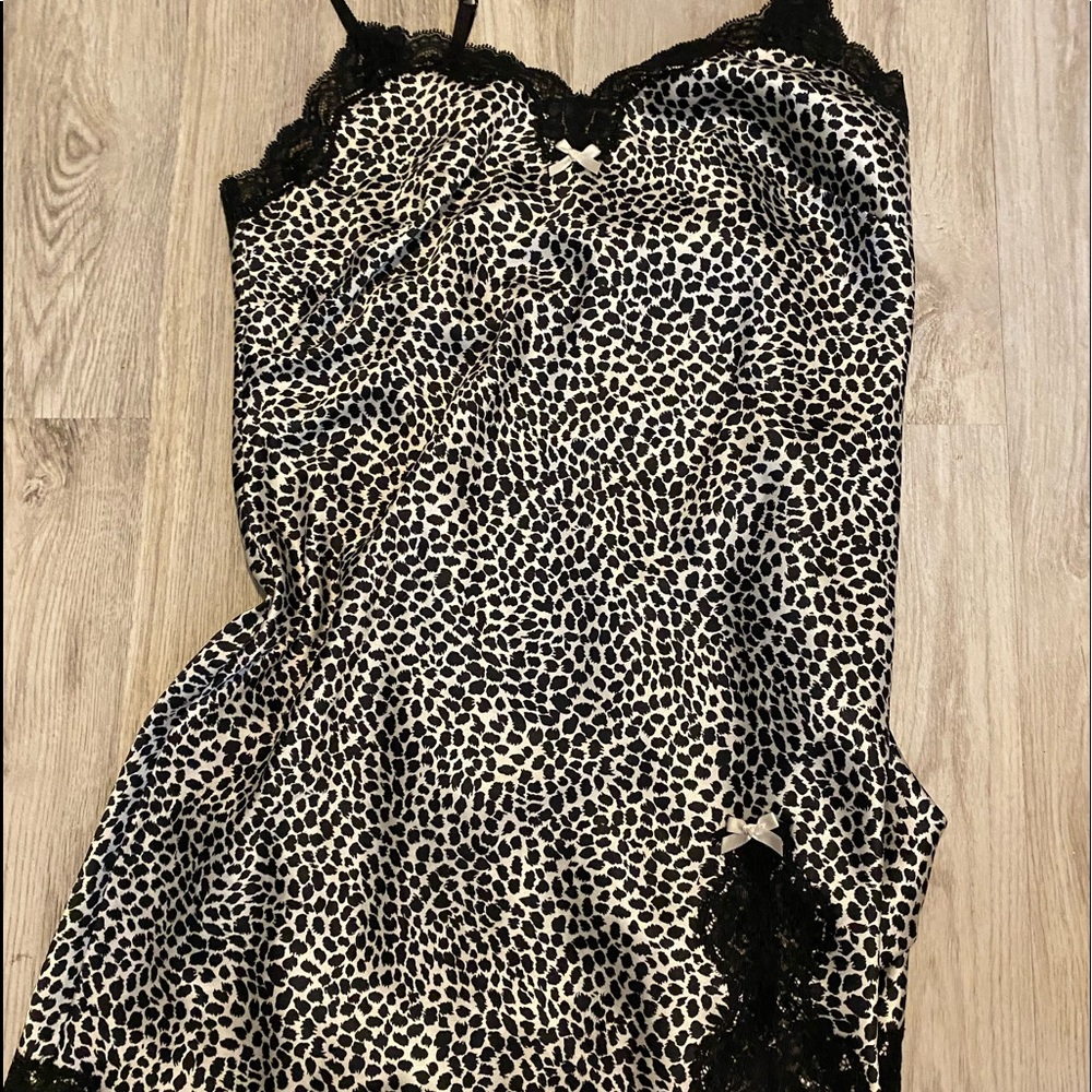 black leopard print satin lace slip dress with bows